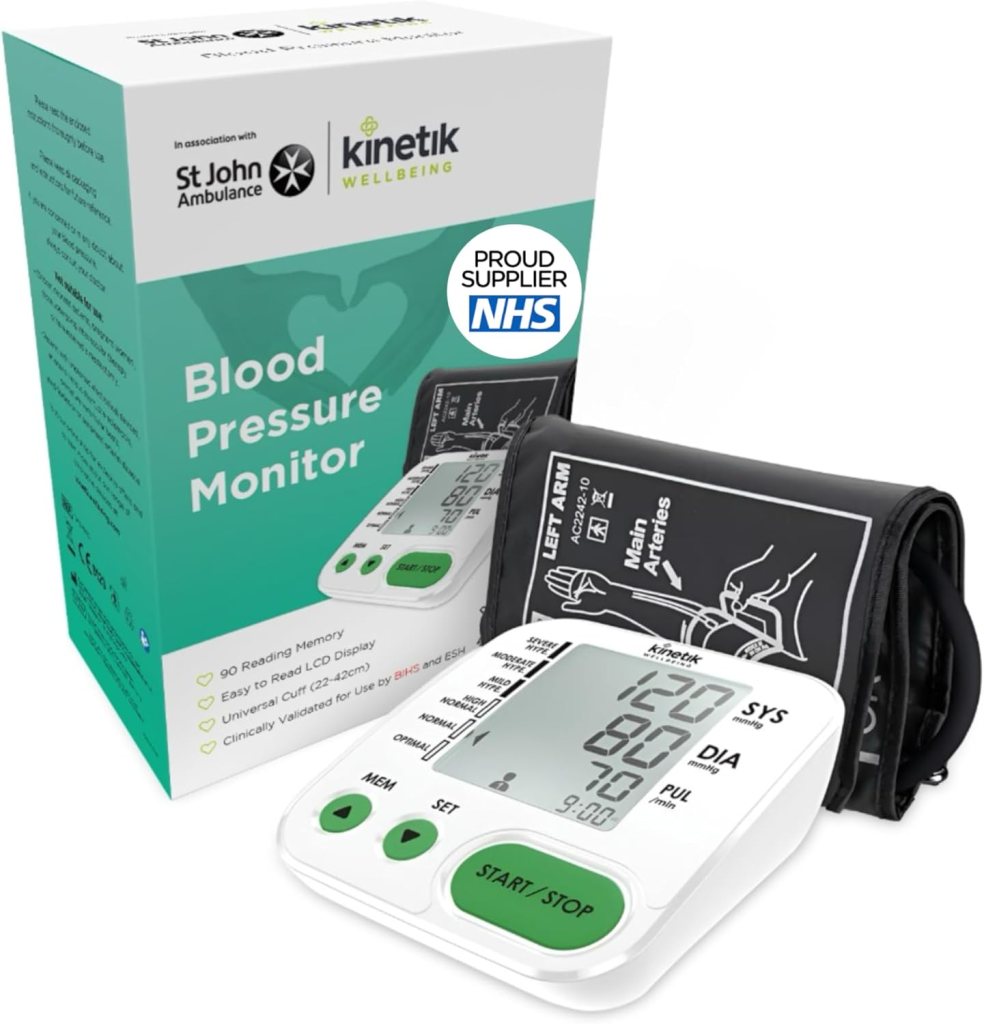 Kinetik Wellbeing Home Use Blood Pressure Monitor - Used by the NHS - Fully Automatic Upper Arm Blood Pressure Machine with Universal Cuff (22-42cm), Digital Sphygmomanometer Tester Kit